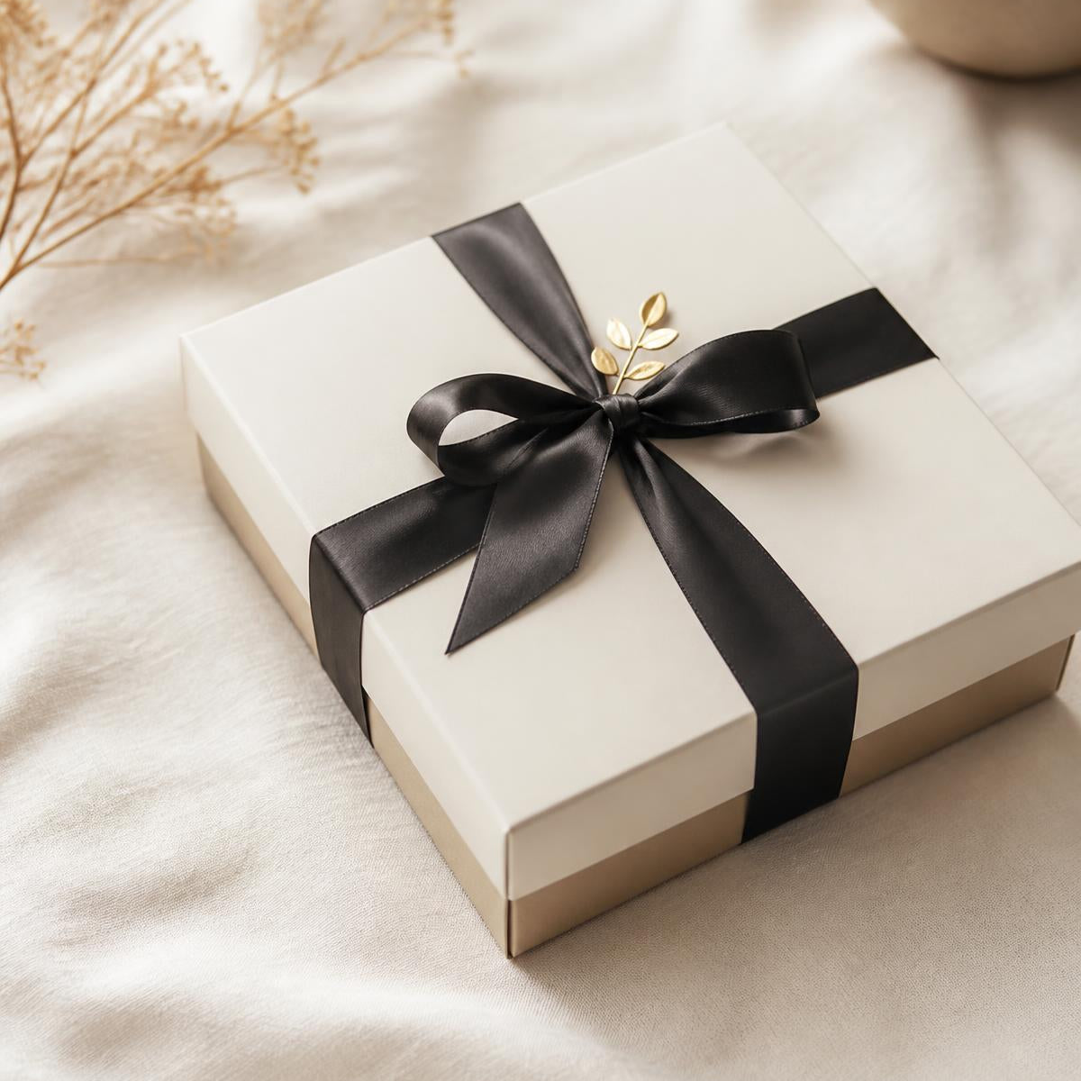 Mama Pur Surprise Box – cremefarbene Geschenkbox mit schwarzem Satinband
